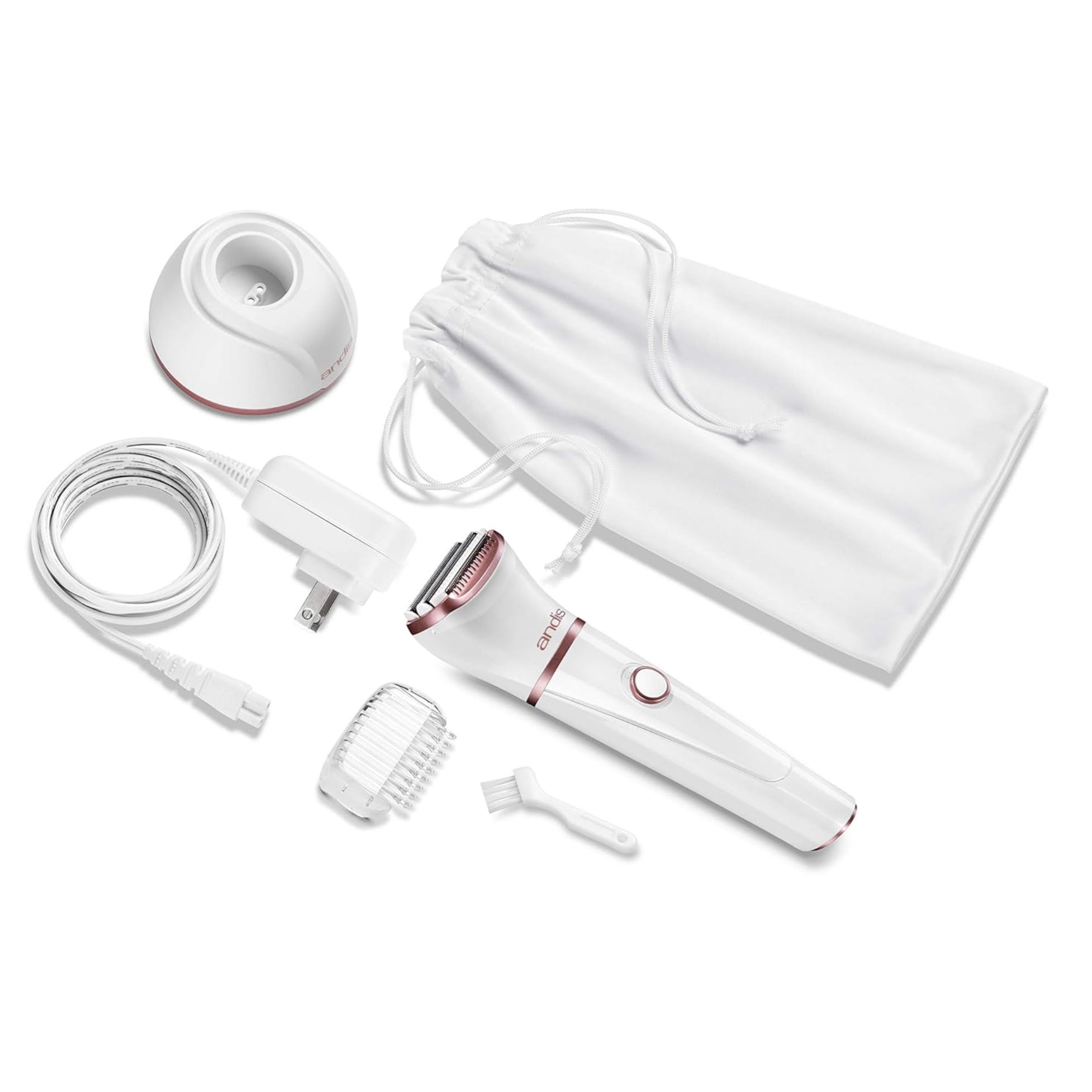 Electric epilator with accessories including a charging stand, power adapter, brush, and a pouch.