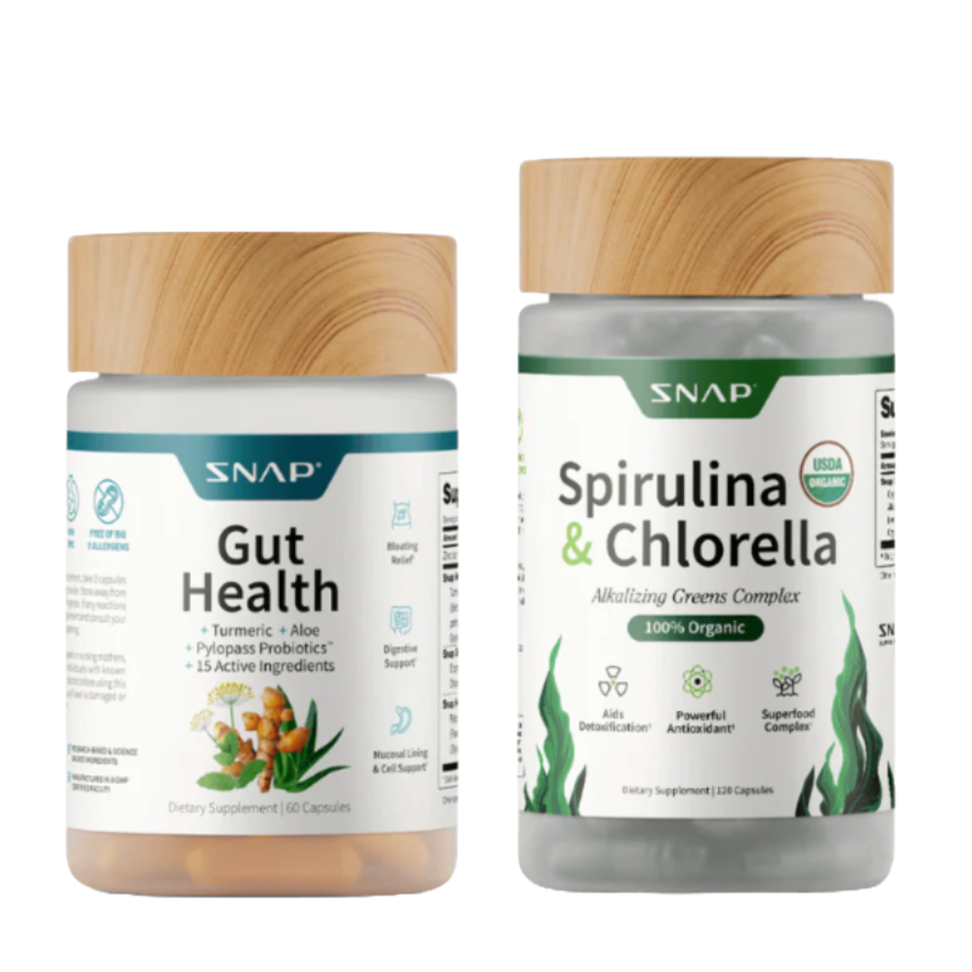 Gut Health: A dietary supplement with turmeric, aloe, PyloPass probiotics, and 15 active ingredients for digestive support. Spirulina & Chlorella: 100% organic supplement with detoxification and antioxidant benefits.