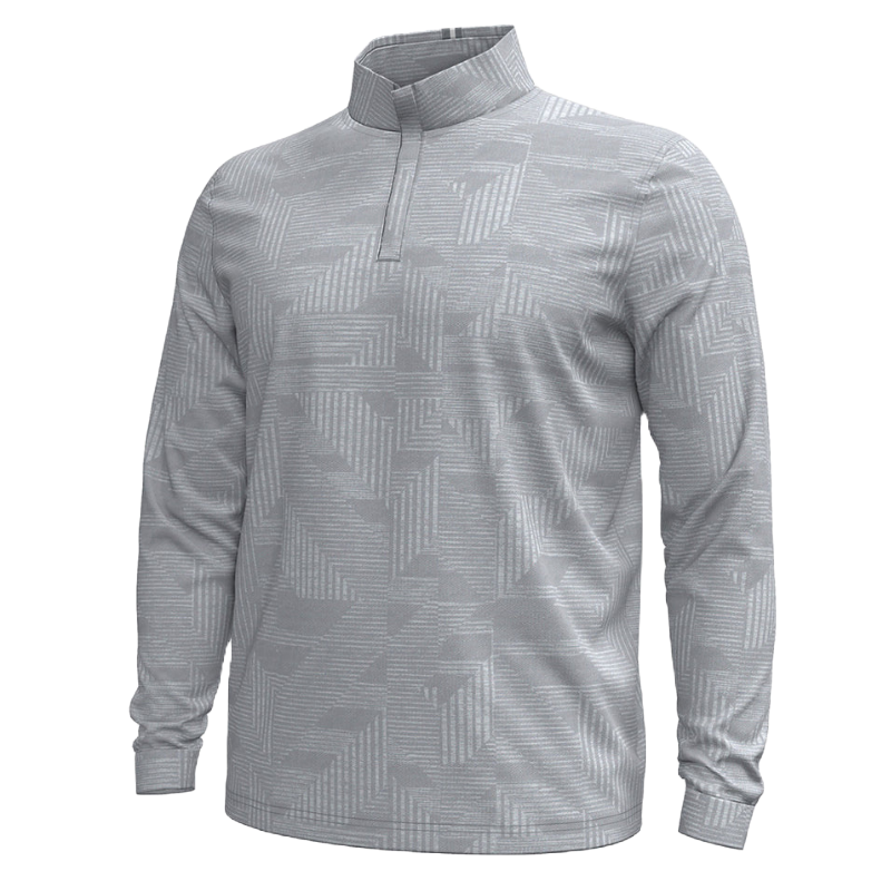 UA Playoff 3.0 Pullover is a gray, long-sleeve garment featuring a subtle, geometric pattern with a quarter-zip and a stand-up collar.