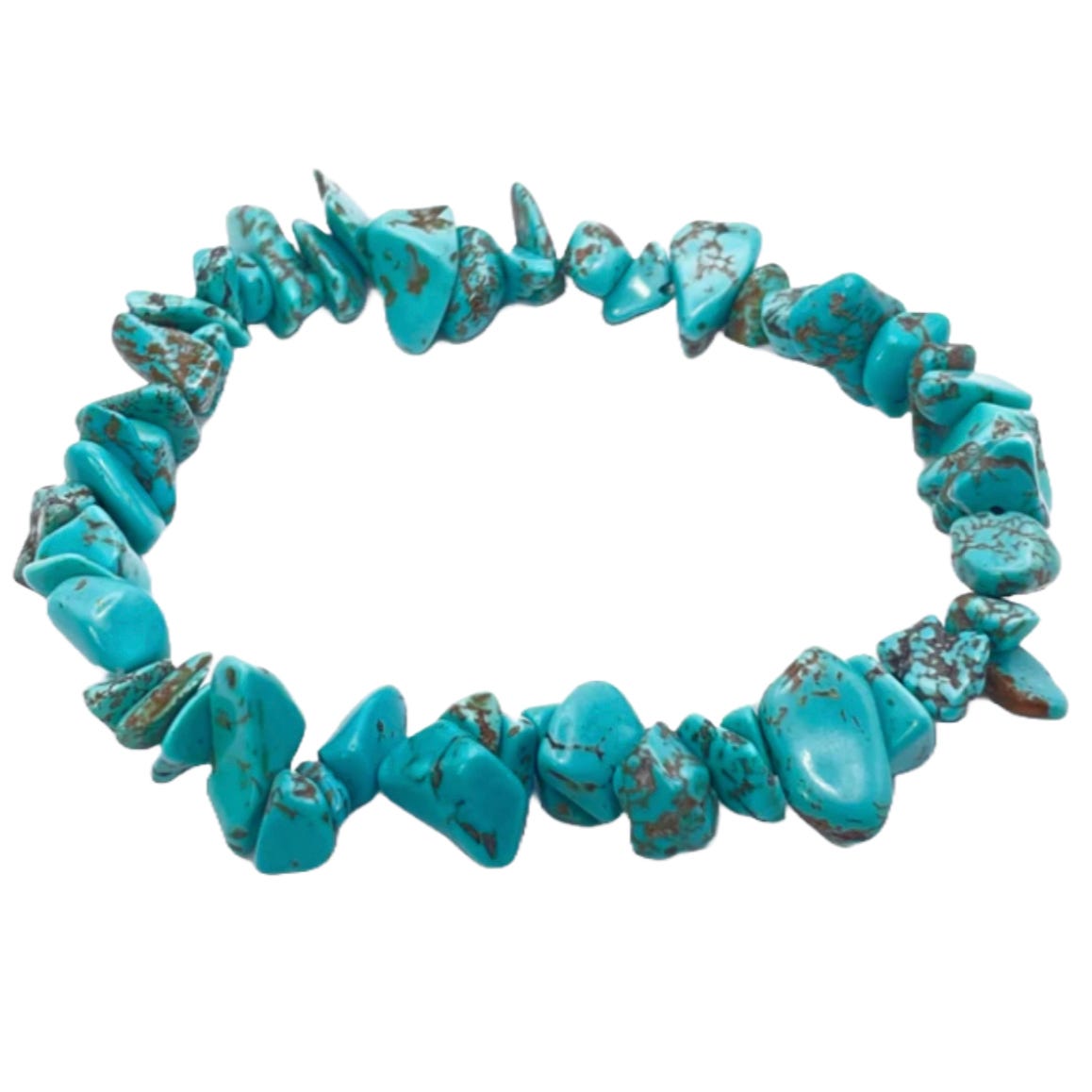 A turquoise stone chip bracelet with irregularly shaped beads, showcasing blue and brown veining throughout.