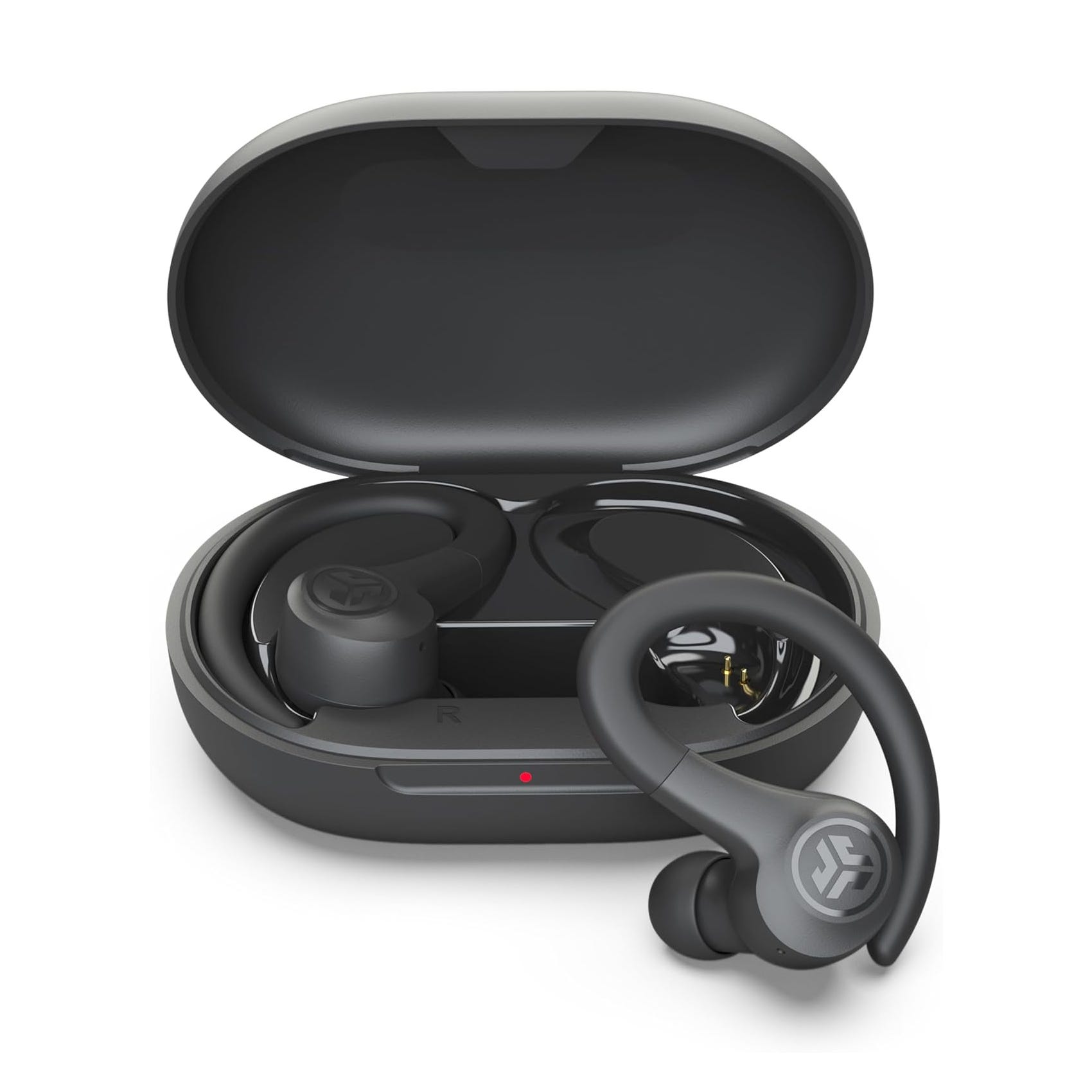 Wireless earbuds with a hook design sitting inside their charging case.