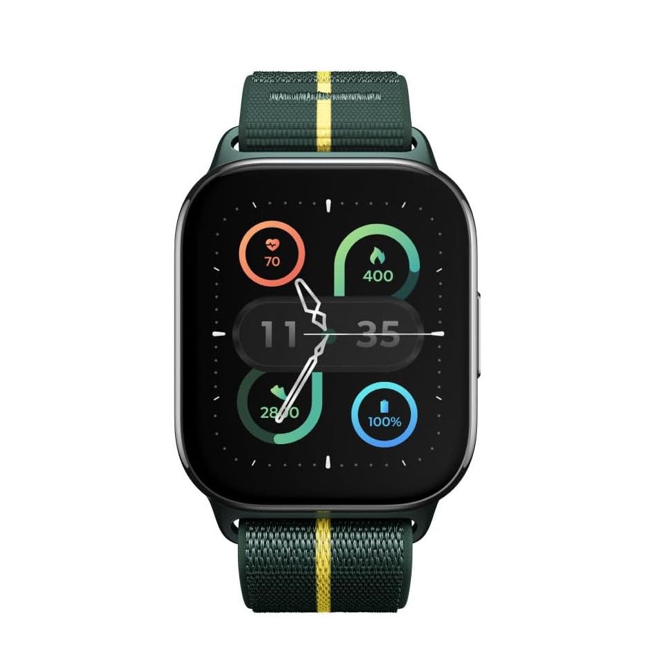 A smartwatch with a rectangular face displays various metrics like heart rate, calories, and battery level. The strap is dark green with a yellow stripe.