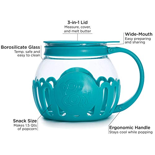 A borosilicate glass popcorn popper with a turquoise silicone lid and handle, featuring a 3-in-1 lid design for measuring, covering, and melting butter.