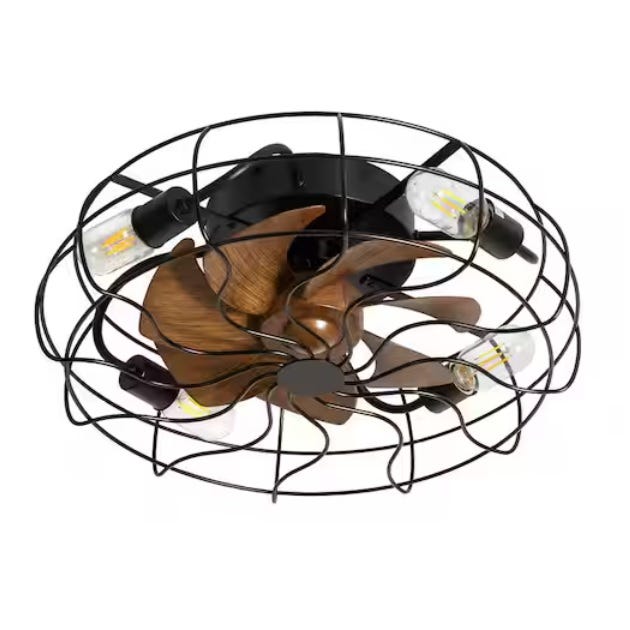 Ceiling fan with a black wire cage design, featuring wooden blades and four exposed LED bulbs arranged circularly around the fan.