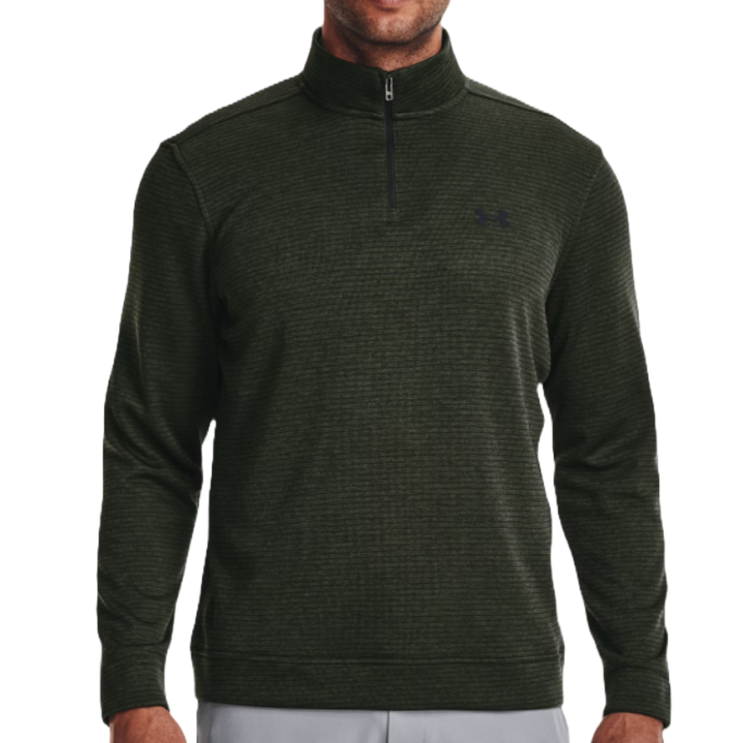 A dark green, long-sleeve, quarter-zip pullover with the Under Armour logo on the chest.