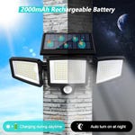 Two solar-powered security lights with a motion sensor feature a central panel and two adjustable side lights, and advertise a 2000mAh rechargeable battery with automatic night activation.