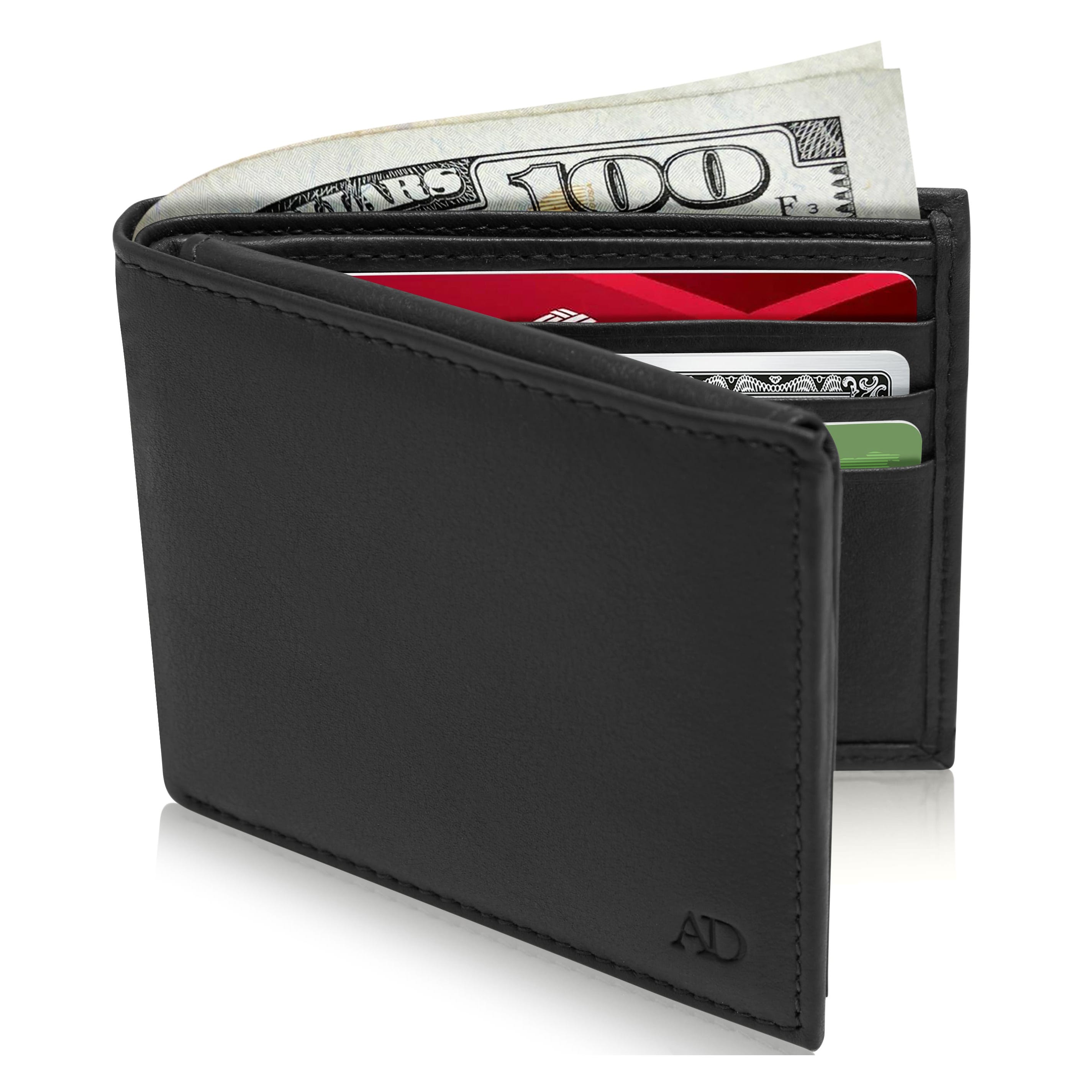 Black leather wallet containing cash and credit cards.
