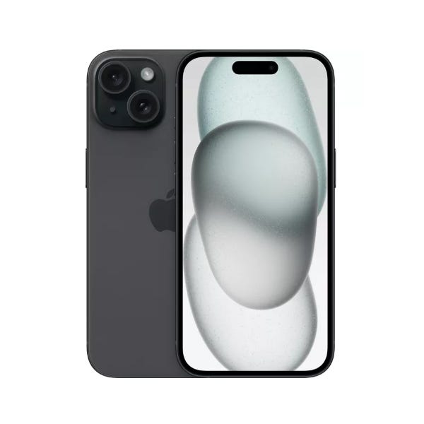 A black smartphone with a dual-camera setup on the back and a full-screen display showing abstract bubbles.