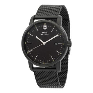 Black Swiss military wristwatch with a black metal mesh strap and a minimalist dial design.