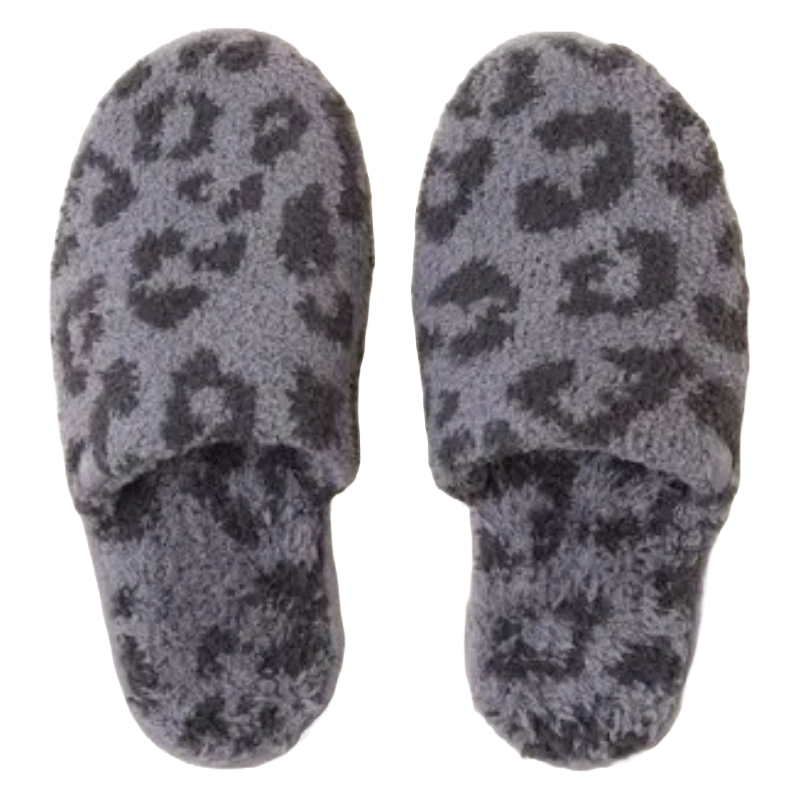 Gray slippers with a fuzzy texture and a leopard print pattern.