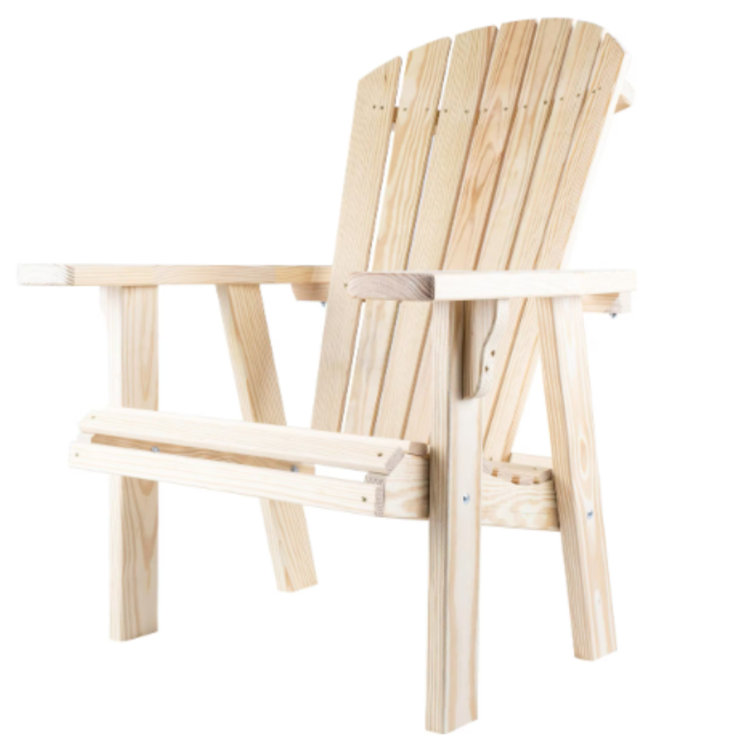 Natural wood Adirondack chair with wide armrests and slatted back.