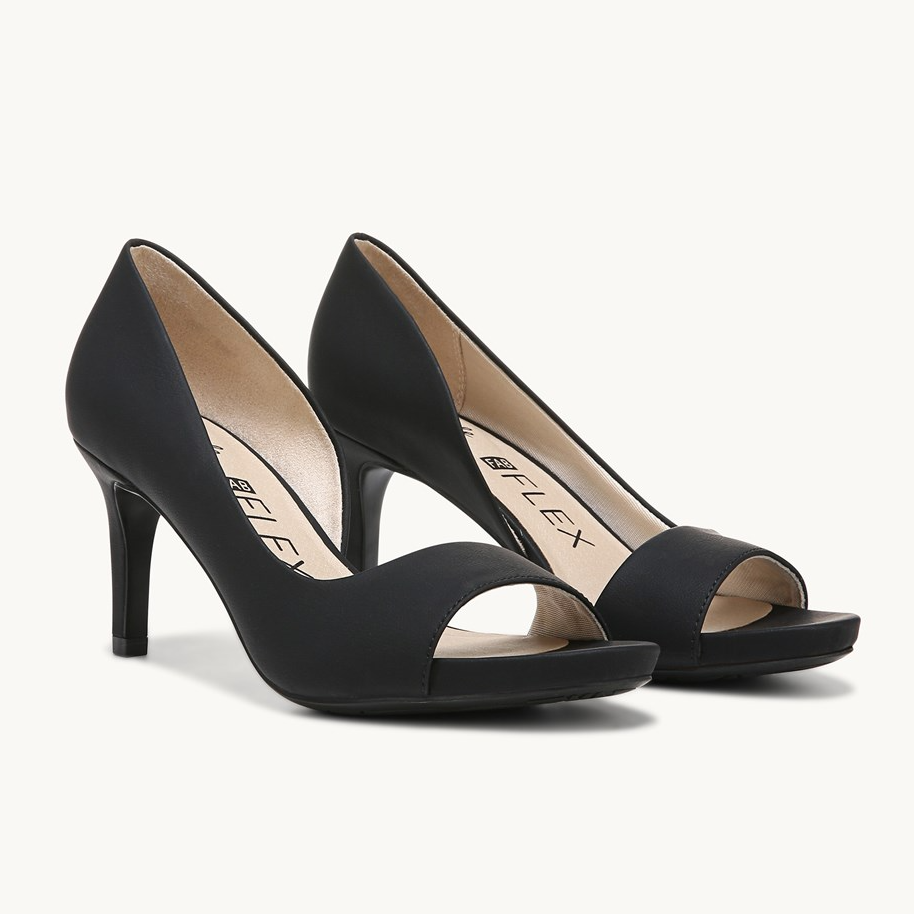 A pair of black high-heeled peep-toe shoes.