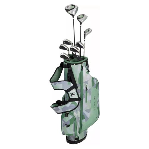 A set of golf clubs in a camouflaged bag, including irons, woods, and a putter.