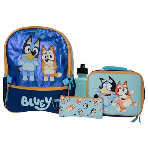 Bluey-themed kids' backpack, lunch bag, water bottle, and pencil case set.