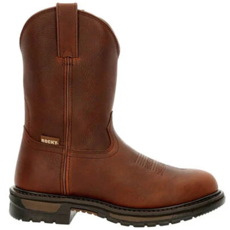 Brown leather pull-on cowboy boots with a mid-calf height, featuring sturdy stitching, a Rocky brand tag, and a rugged, durable rubber sole.