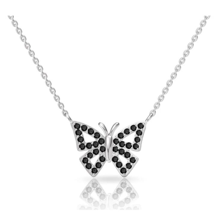 Silver butterfly necklace with black gemstone accents on a delicate chain.