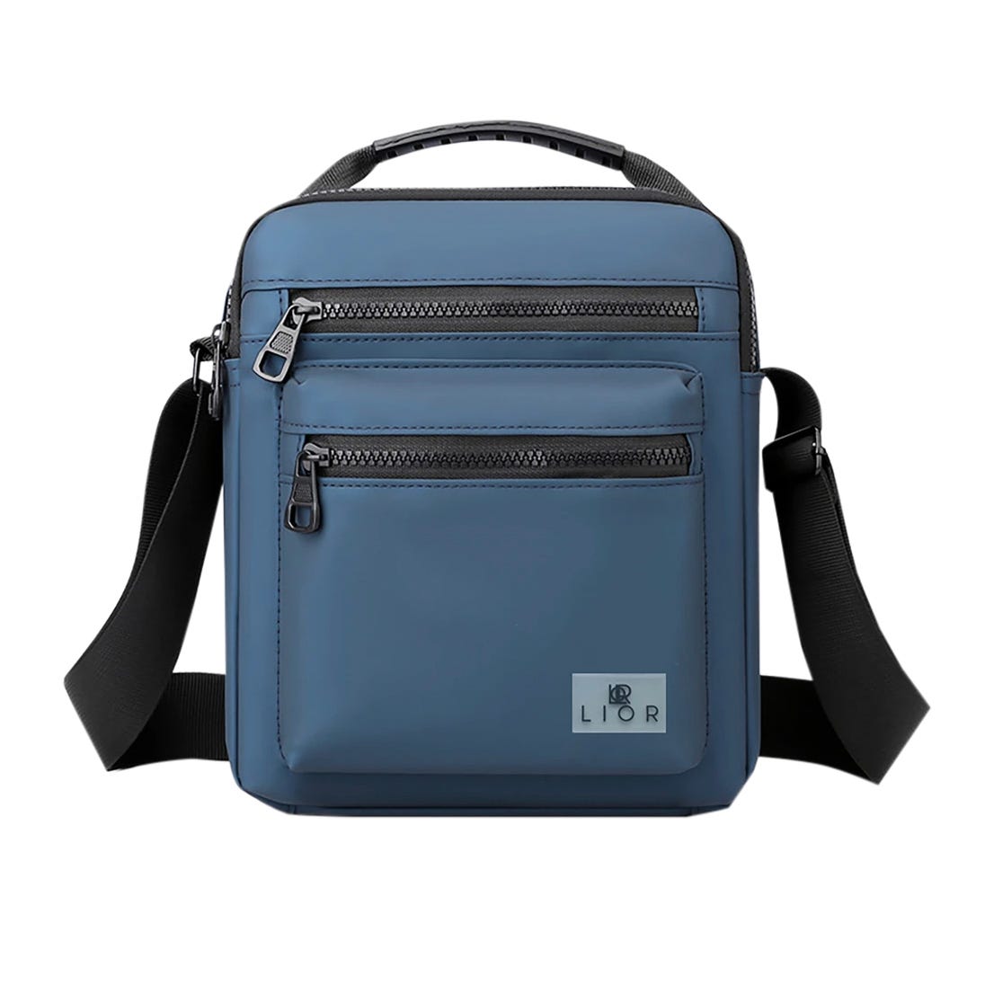 A blue crossbody bag with multiple zippered pockets, featuring an adjustable black strap and a logo tag reading \“LIOR\“ on the front.