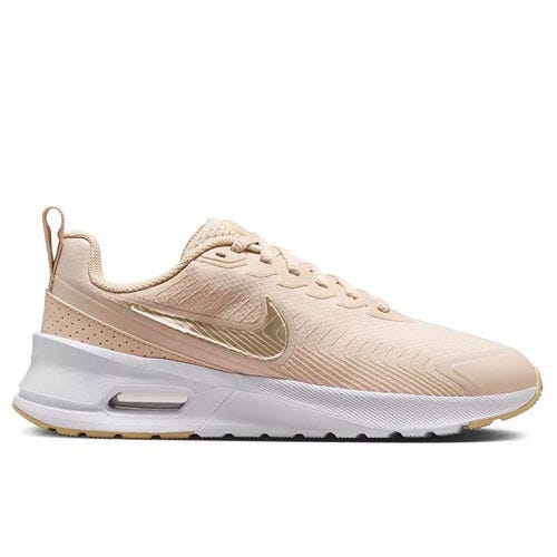 A beige and white athletic shoe with a gold swoosh design, featuring a visible air cushion in the heel and a textured upper.