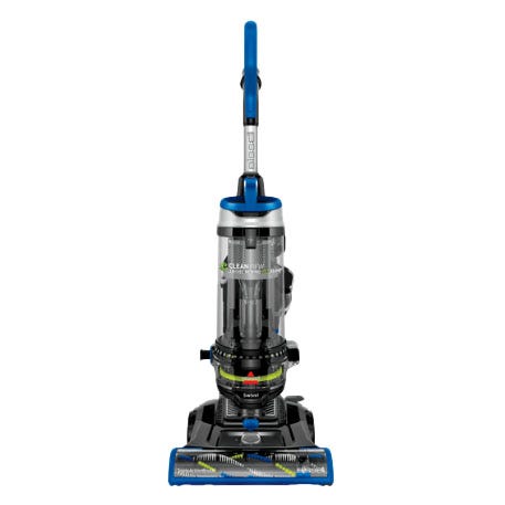 Bissell Swivel Rewind Pet Vacuum is an upright vacuum with a clear canister, blue accents, and features swivel steering, a retractable cord, and specialized pet tools for cleaning.