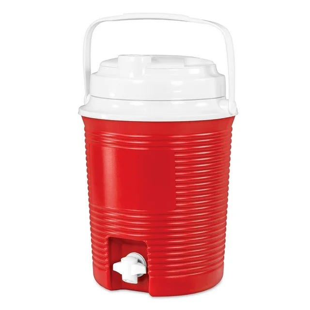 Red insulated beverage cooler with white lid and spigot.