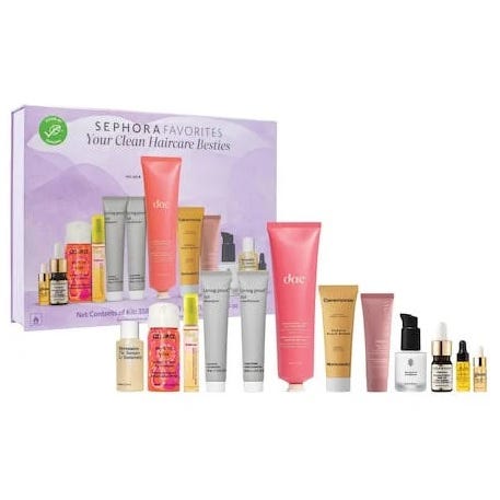 A set of various haircare bottles and tubes from different brands, displayed in front of their packaging.