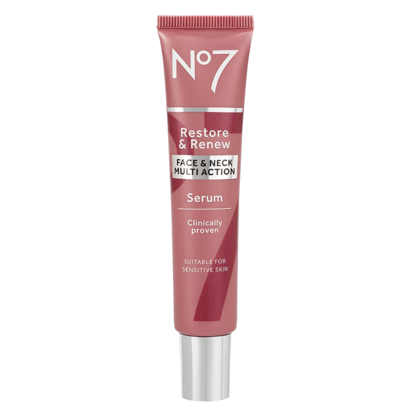 No7 Restore & Renew Face & Neck Multi Action Serum, clinically proven, suitable for sensitive skin.