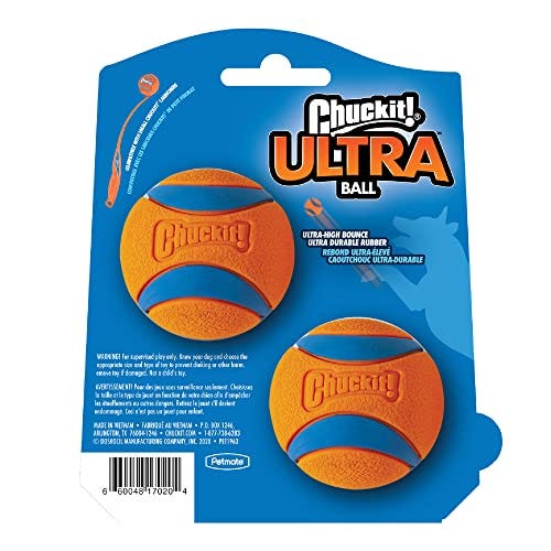 Two orange Chuckit! Ultra Balls are displayed in blue packaging, designed for high-bounce, high-durability, and high-visibility during dog play.