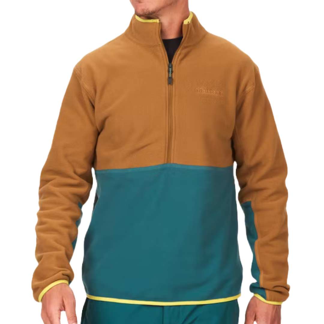Two-tone Marmot Rocklin 1/2-Zip Jacket featuring a brown upper section and teal lower section, with a zippered high collar and contrasting yellow trim at the cuffs and hem.
