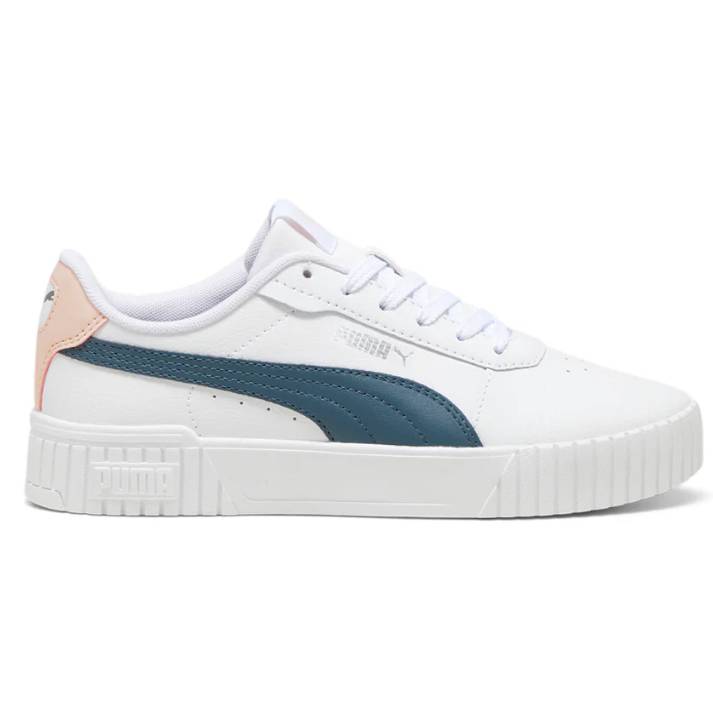 White Puma sneakers with blue side stripe and pink heel accent, featuring a textured sole and lace-up design.