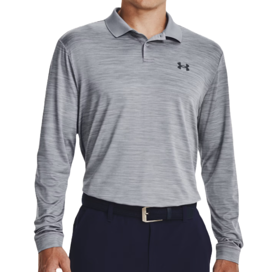 Gray long-sleeve polo shirt with a subtle heathered pattern and a small logo on the chest. Paired with dark trousers and a belt.