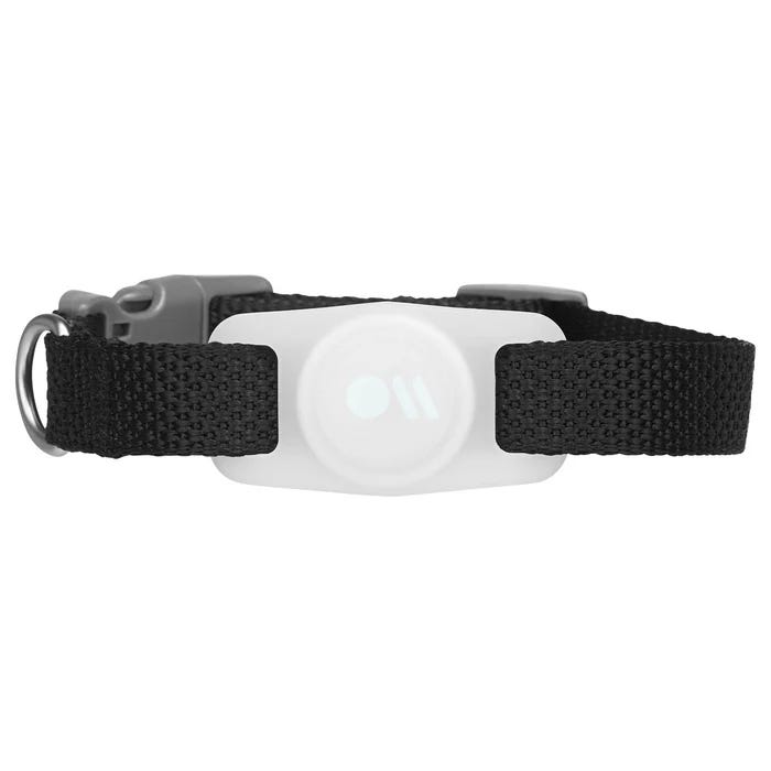 AirTag Case for Dog Collars features a black nylon strap with a secure buckle and a transparent white holder for the AirTag, designed to attach safely to your pet's collar.