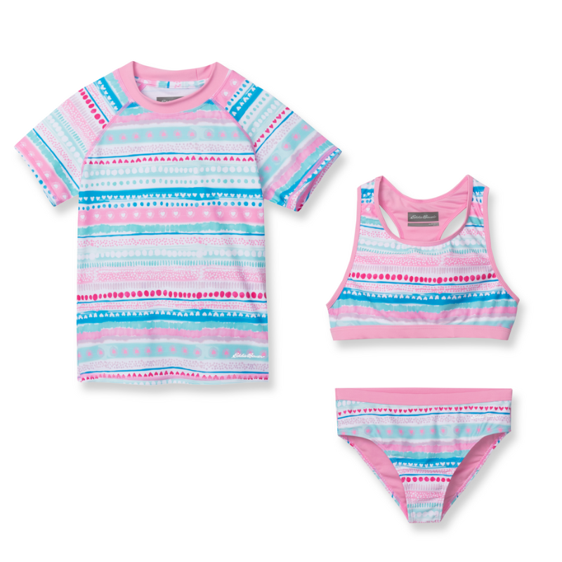 3-piece swim set featuring a pink, blue, and white patterned rashguard, sports bra-style top, and bikini bottom.