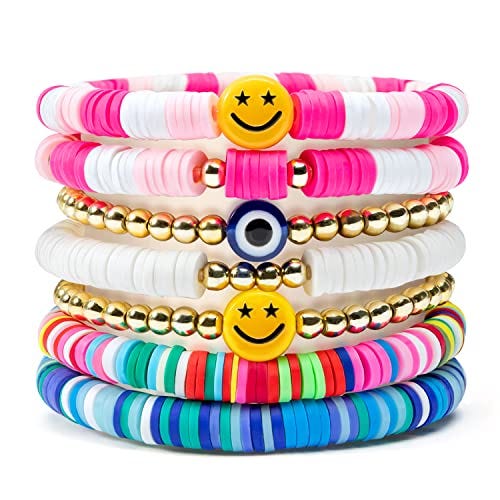 A stack of seven colorful bracelets featuring beads in hues of pink, white, gold, and blue, with smiley face and evil eye charms for a playful, summery look.