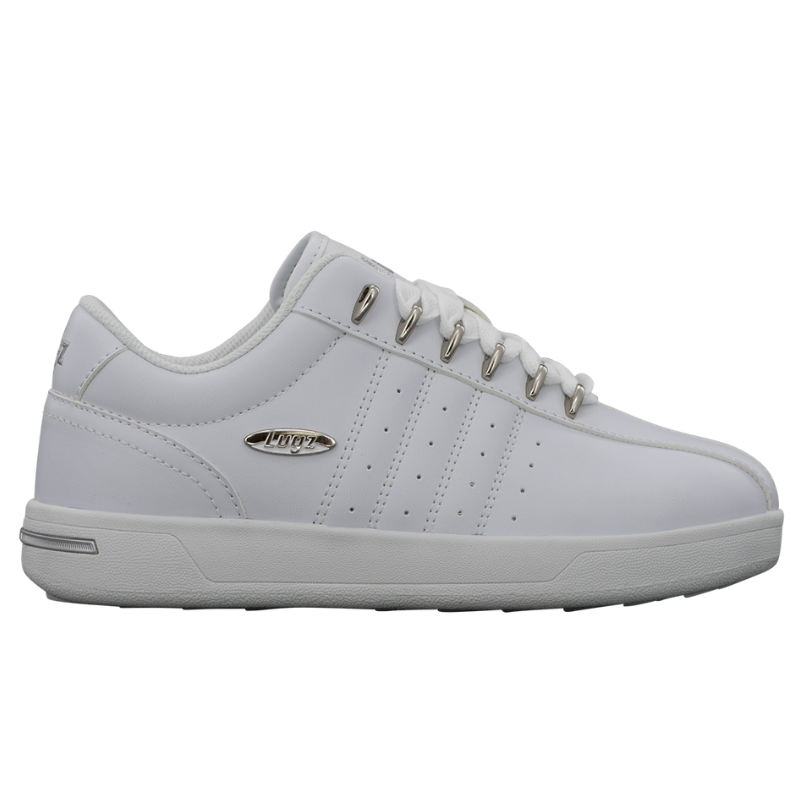 White athletic sneaker with multiple lace holes and subtle perforated detailing, featuring a metallic \“Lugz\“ logo.