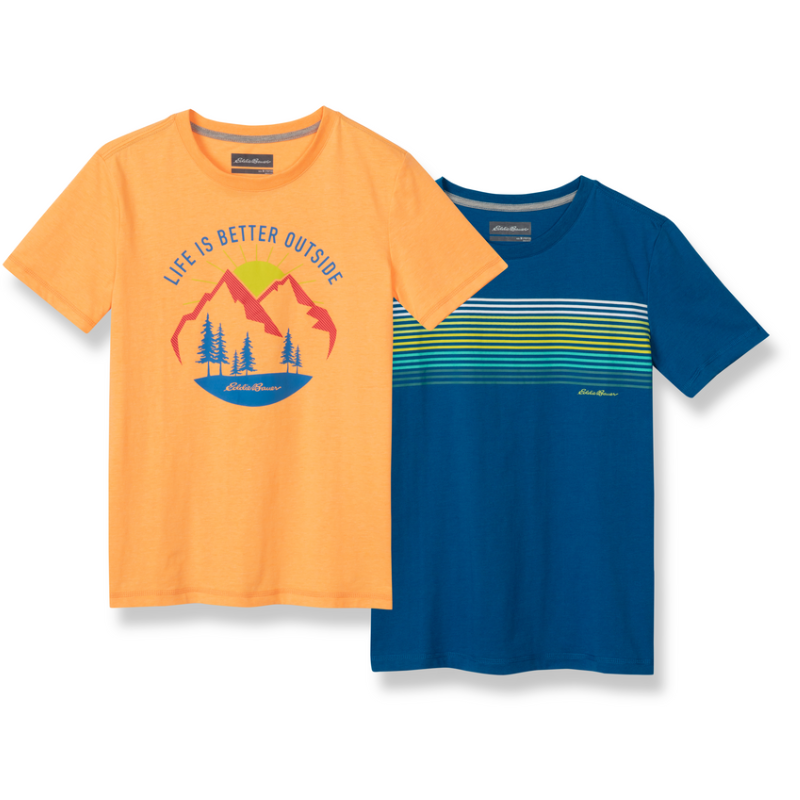 Two boys' graphic T-shirts: one orange with a mountain and tree design saying \“Life is Better Outside,\“ and one blue with horizontal multicolored stripes.