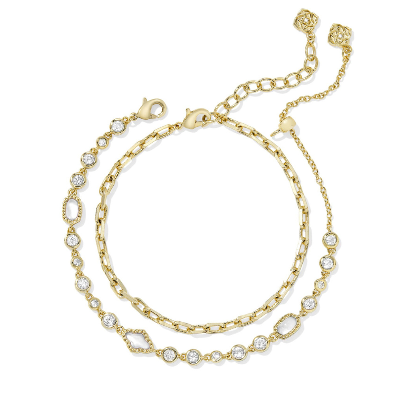 Two elegant gold bracelets, each adorned with round and geometric diamond-like stones. One features a dainty link chain, while the other has a mix of stone shapes linked together, both with lobster clasp closures for secure wear.