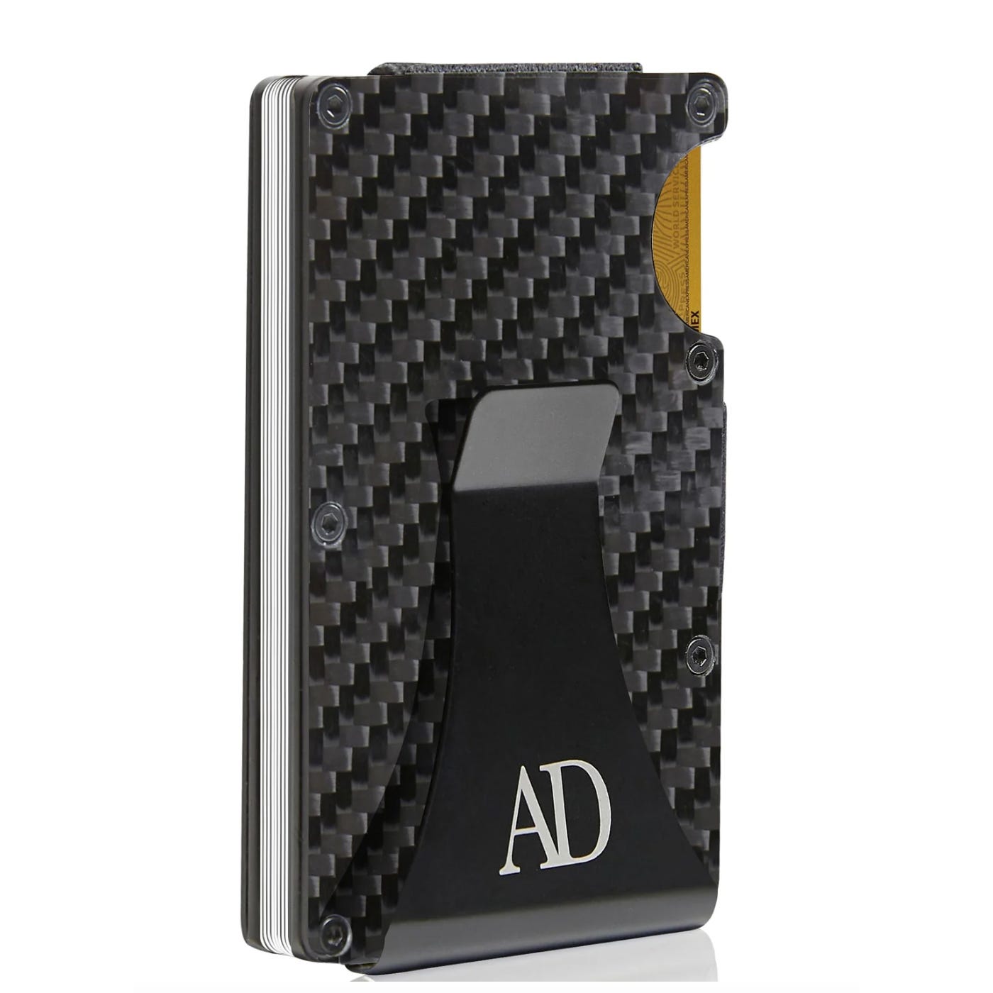 Carbon fiber wallet with a money clip and personalized initials \“AD.\“
