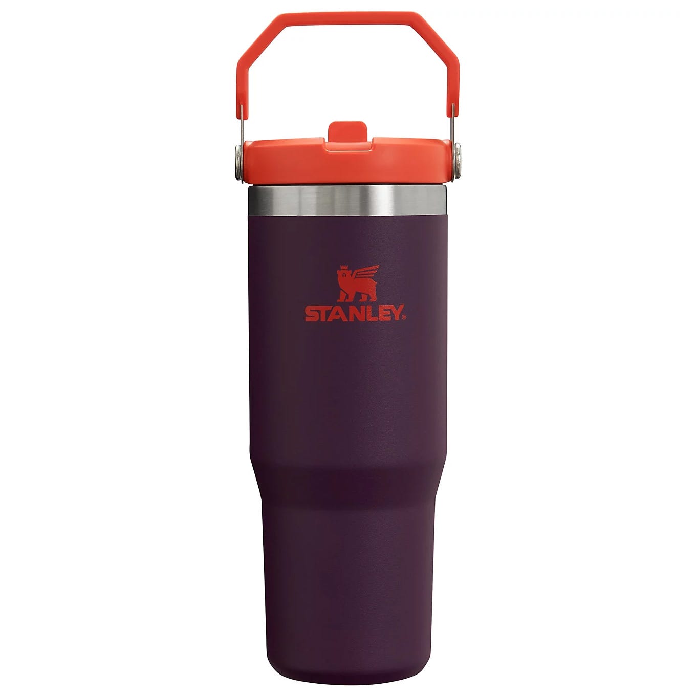 Stanley IceFlow Tumbler, 30oz, features a dark purple body with a red lid and handle, and the Stanley logo in red. Designed for durability and portability.
