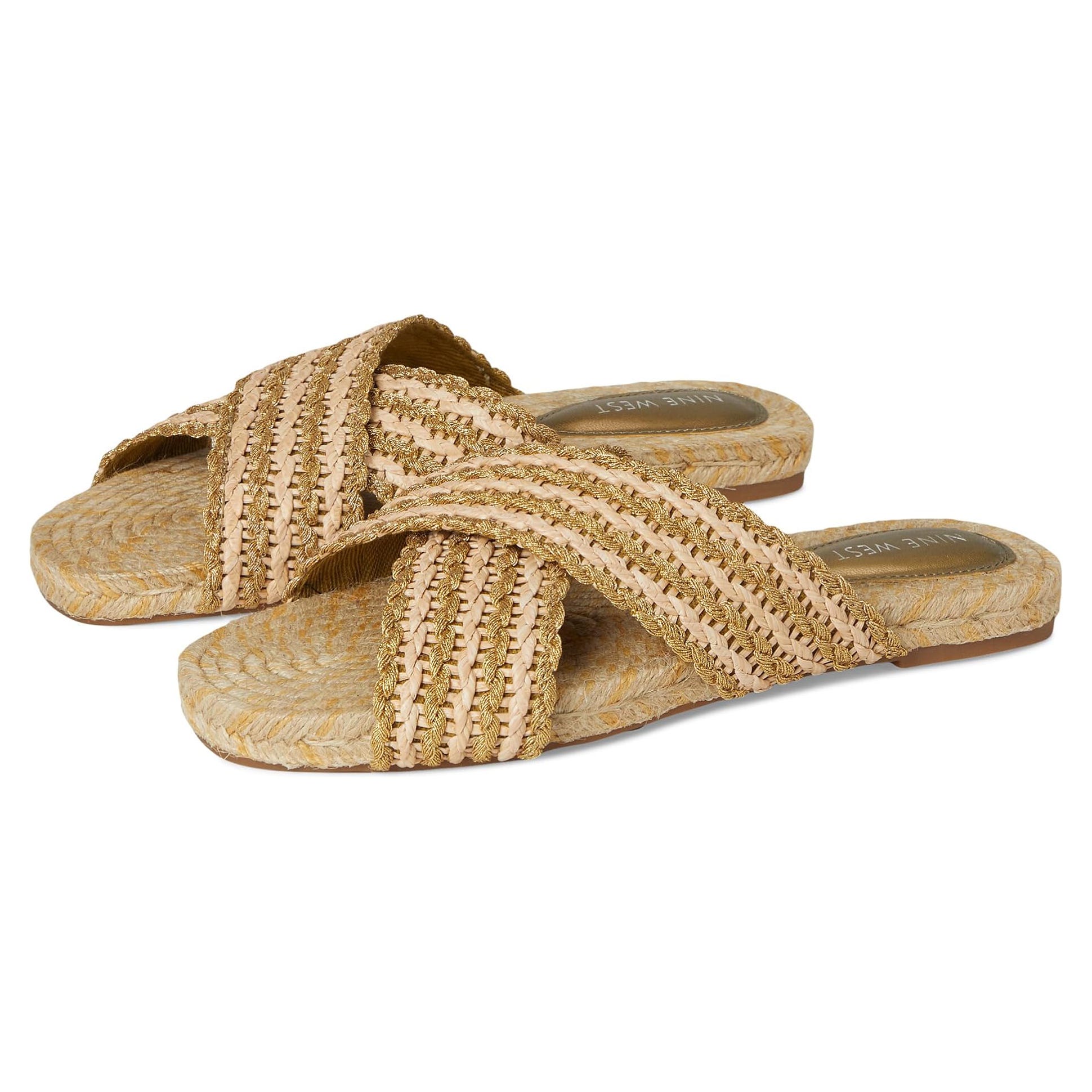 Nine West Animay Sandals feature crisscross woven straps in a natural beige color and a matching flat sole with braided detailing, creating a stylish and casual look.