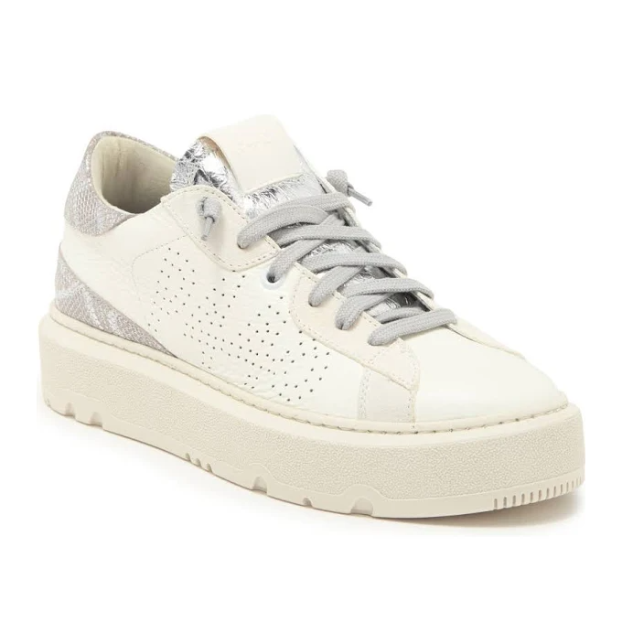 A white low-top sneaker with perforations and grey laces, featuring a textured silver heel patch.