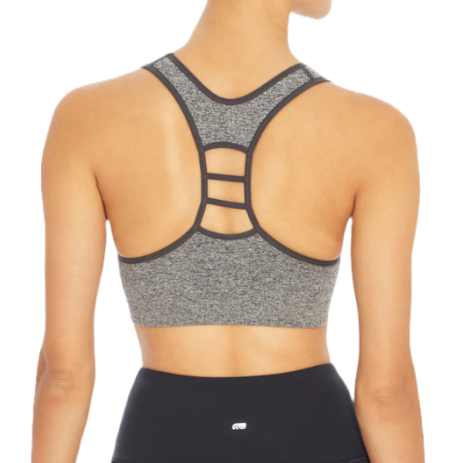 A gray, seamless sports bra with a racerback design featuring two horizontal straps across the back. The fabric appears stretchy and comfortable, suitable for athletic activities.