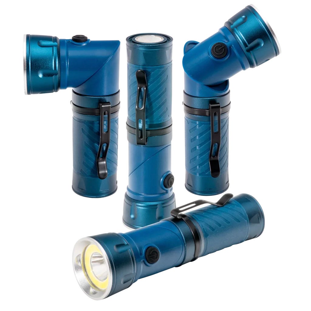 Blue rotatable aluminum flashlights with a clip, shown in various positions: straight, angled, and lying down. Each has a power button on the side and features a ridged grip design.