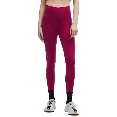 High-waisted, full-length leggings in a vibrant berry color, designed for a comfortable fit. Paired with white sneakers and black socks, ideal for athletic or casual wear.