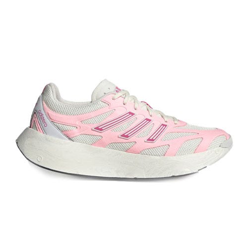 A pink and white running shoe with a thick, curved sole, featuring mesh panels and synthetic overlays for support.