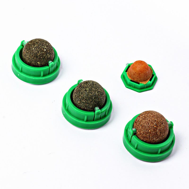 Four different colored spice balls inside green rings on a white background.