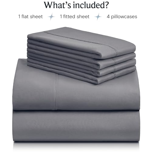A 6-piece queen sheet set comprising 1 flat sheet, 1 fitted sheet, and 4 pillowcases in a solid gray color.