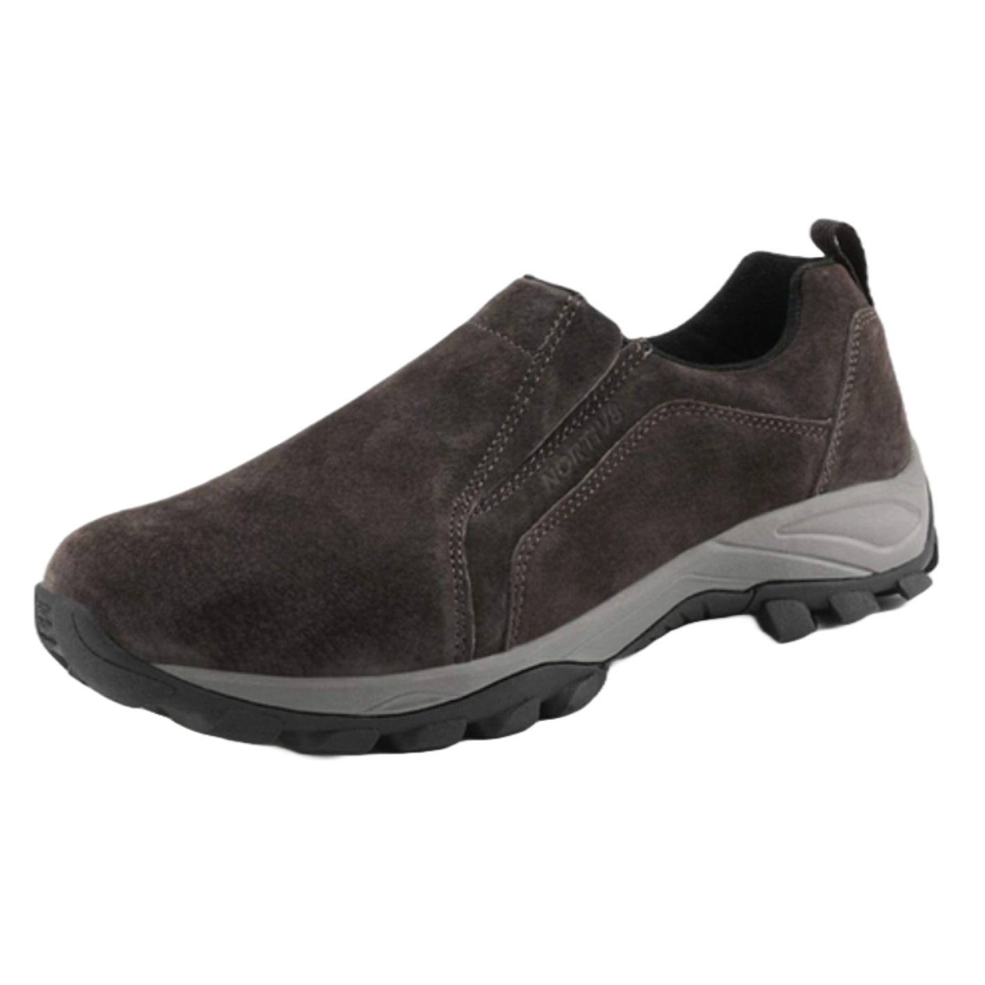 Dark brown slip-on shoe with rugged outsole and suede finish, designed for outdoor or casual wear.