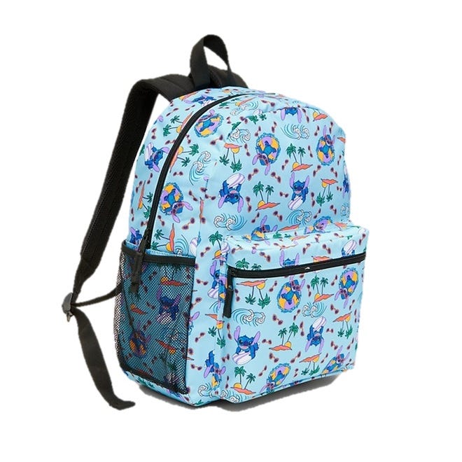 A blue backpack with a fun print featuring cartoon characters, palm trees, and surfboards. It has a front pocket with a zipper and mesh side pockets, complemented by black straps.