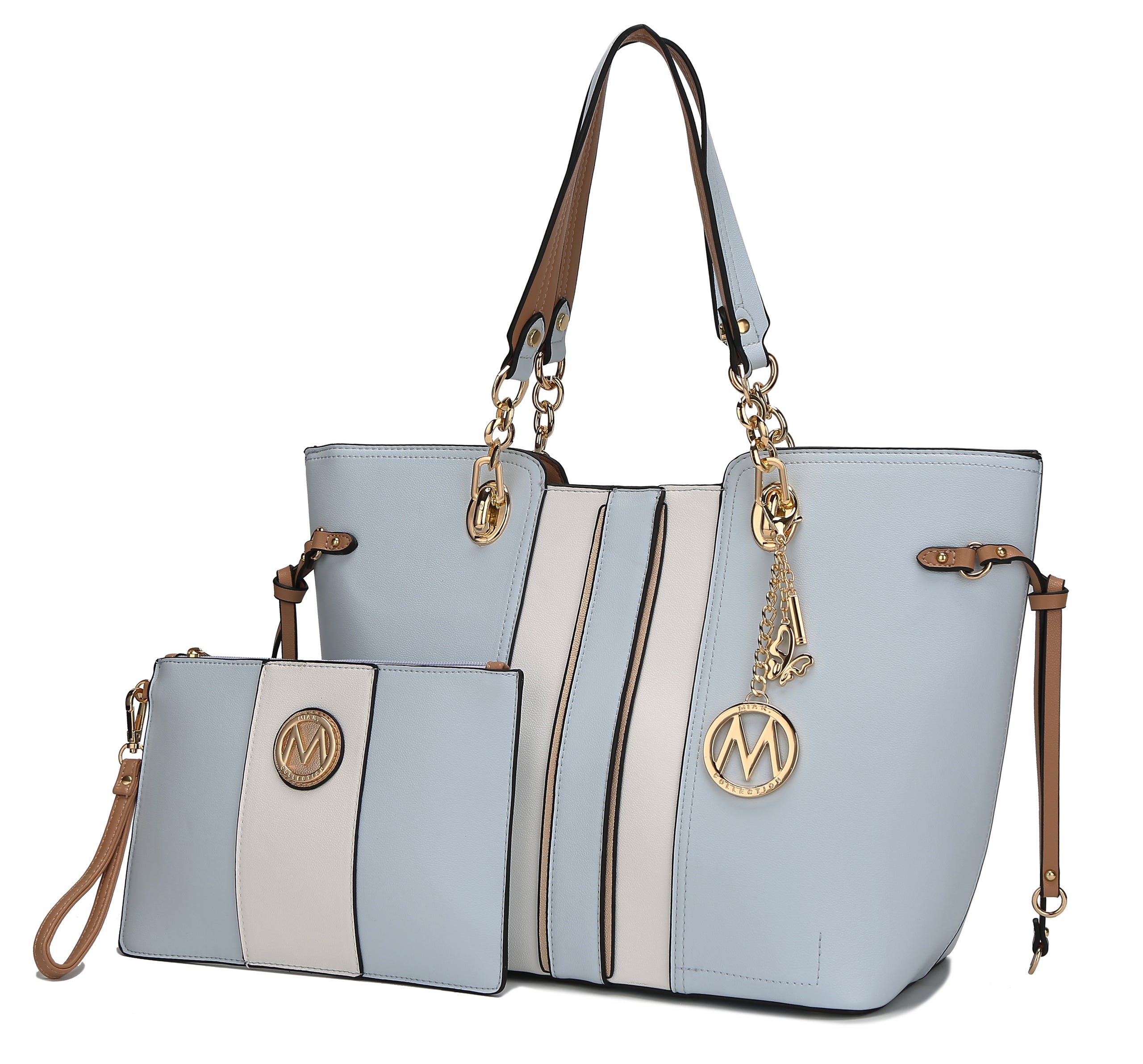 A light blue and cream tote bag with matching wristlet, both featuring gold-tone accents and logo charms.