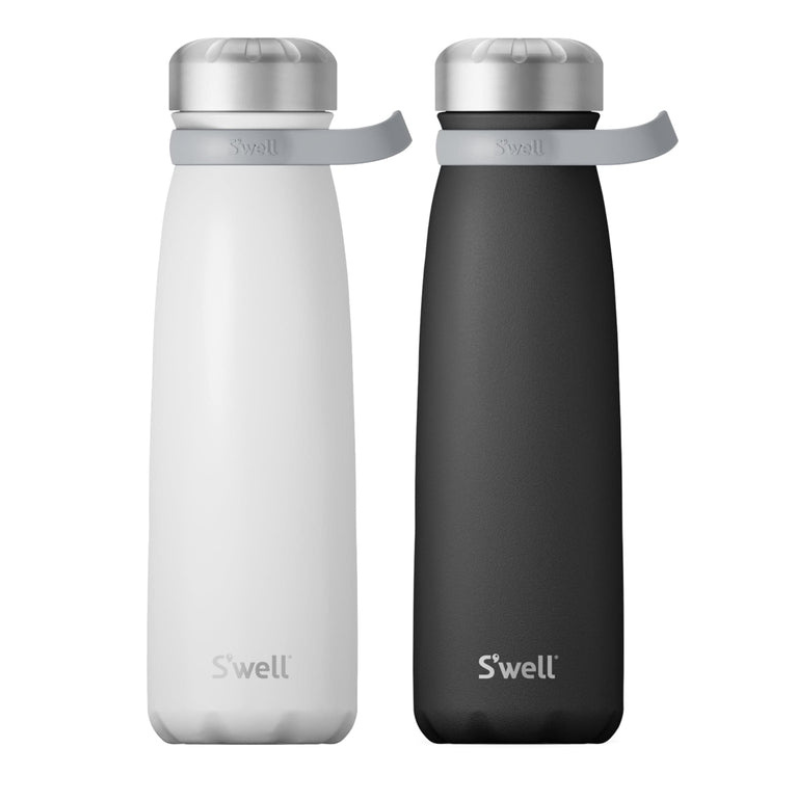 The 40oz Traveler Bundle includes two S’well bottles, one white and one black, each featuring a sleek design with a stainless steel cap and a carrying handle.
